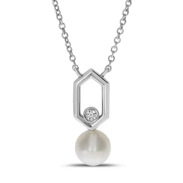 14K White Gold Pearl and Diamond Hexagon Link Necklace Ambassador Diamond Jewelers Tucson, AZ