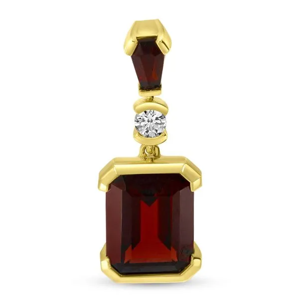 14K Yellow Gold Emerald Cut Garnet Drop with Halo Semi Precious Pendant Rick's Jewelers California, MD