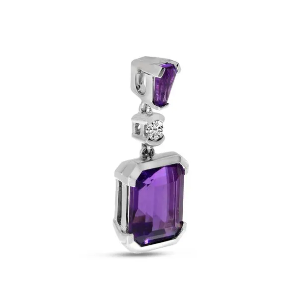 14K White Gold Emerald Cut Amethyst with Halo and Diamond Drop Pendant Image 2 Rick's Jewelers California, MD