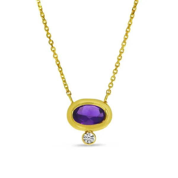 14K Yellow Gold Oval Amethyst with Diamond Bezel Birthstone Necklace J. Meredith Jewelers Delafield, WI