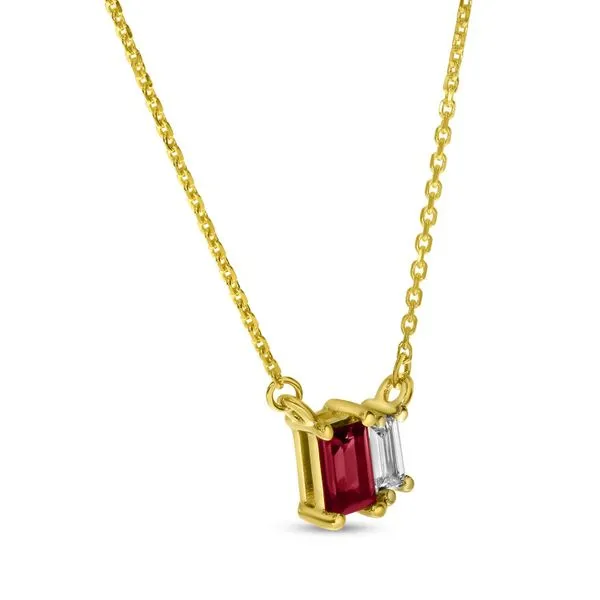 14K Yellow Gold Ruby and Diamond Baguette Duo Necklace Image 2 Ambassador Diamond Jewelers Tucson, AZ