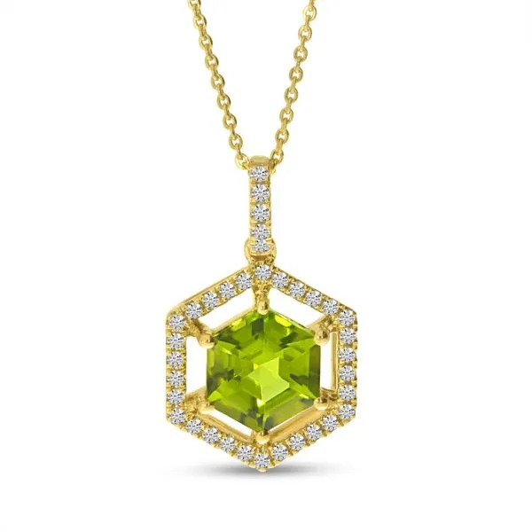 14K Yellow Gold Hexagon Peridot and Diamond  Spaced Halo Semi Precious Pendant Moseley Diamond Showcase Inc Lexington, SC