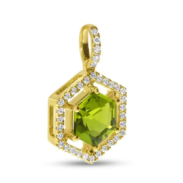 14K Yellow Gold Hexagon Peridot and Diamond  Spaced Halo Semi Precious Pendant Image 2 J. Meredith Jewelers Delafield, WI