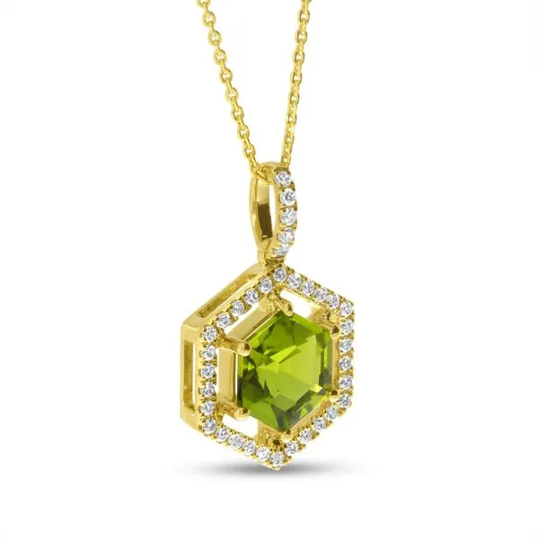 14K Yellow Gold Hexagon Peridot and Diamond  Spaced Halo Semi Precious Pendant Image 3 J. Meredith Jewelers Delafield, WI