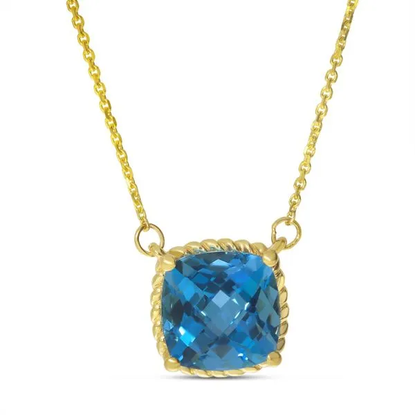 14K Yellow Gold Cushion Blue topaz with Rope Halo Semi Precious Necklace Clater Jewelers Louisville, KY