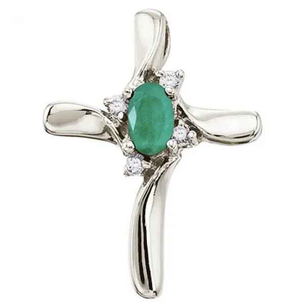 14K White Gold Oval Emerald and Diamond Cross Pendant Ambassador Diamond Jewelers Tucson, AZ