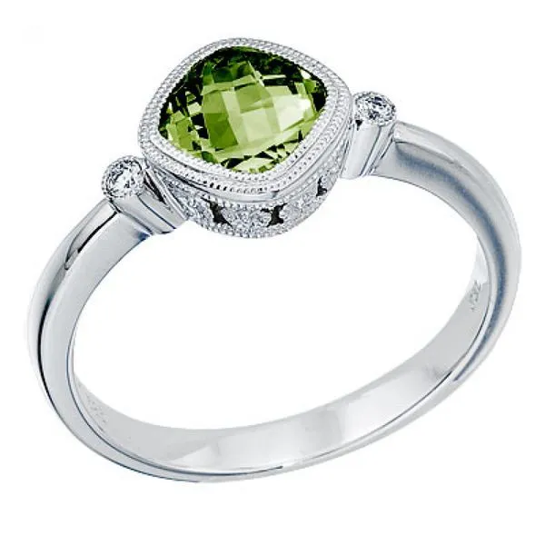 14K White Gold 6 mm Cushion Peridot and Diamond Bezel Ring Rick's Jewelers California, MD