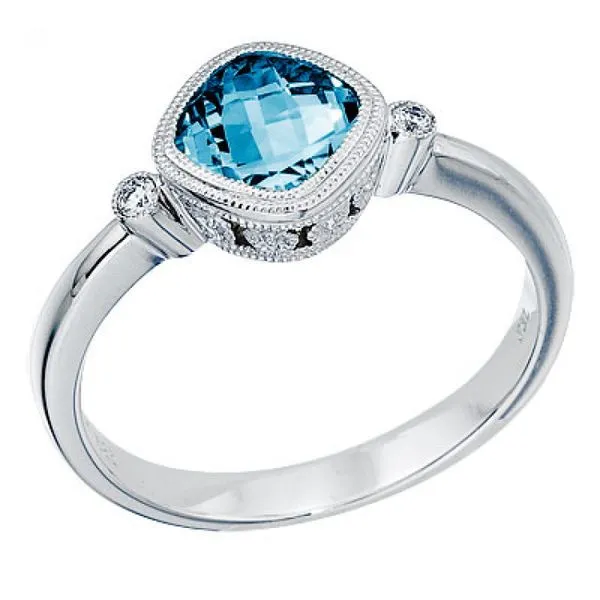 14K White Gold 6 mm Cushion Blue Topaz and Diamond Bezel Ring J. Meredith Jewelers Delafield, WI