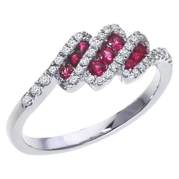 14K White Gold Three Row Round Rubies and Diamonds Precious Fashion Ring Ambassador Diamond Jewelers Tucson, AZ