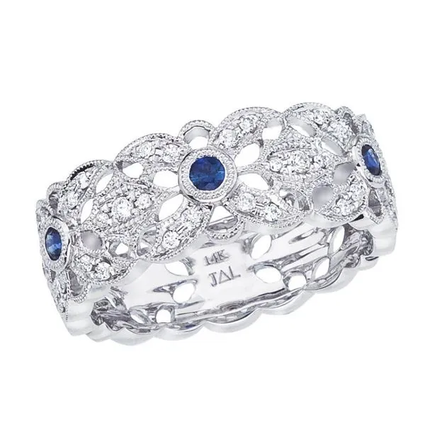 14K White Gold Precious Round Sapphire and Diamond Filigree Band Ring Ambassador Diamond Jewelers Tucson, AZ