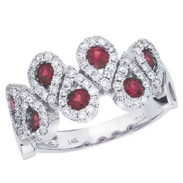 14K White Gold Precious Round Ruby and Diamond Teardrop Fashion Ring Ambassador Diamond Jewelers Tucson, AZ