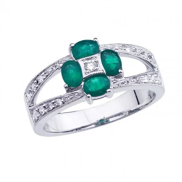 14K White Gold Precious Oval Emerald and Diamond Flower Fashion Ring J. Meredith Jewelers Delafield, WI
