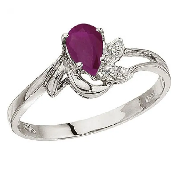 10K White Gold Pear Ruby and Diamond Leaf Birthstone Ring Rick's Jewelers California, MD