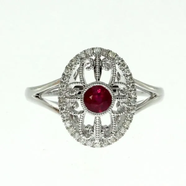 14K White Gold Ruby and Diamonds Oval Filigree Precious Ring Clater Jewelers Louisville, KY