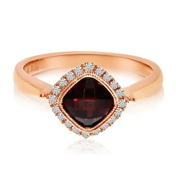 14K Rose Gold Cushion Garnet and Diamond Halo Ring Ambassador Diamond Jewelers Tucson, AZ