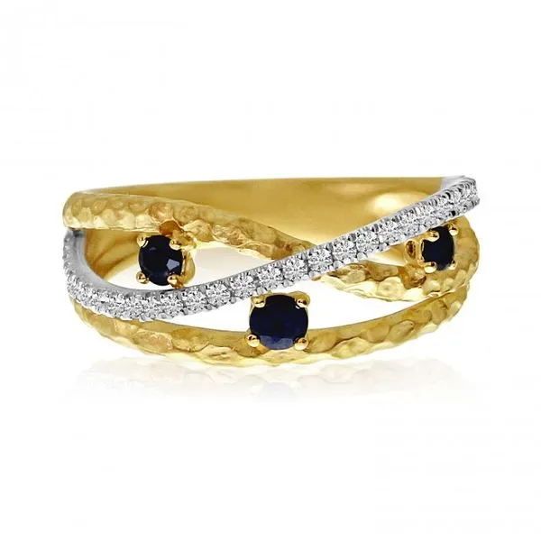14K Yellow Gold Sapphire and Diamond Brushed Crossover Precious Fashion Ring Ambassador Diamond Jewelers Tucson, AZ