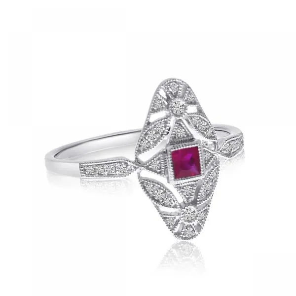 14K White Gold Filigree Princess Cut Ruby and Diamond Ring Ambassador Diamond Jewelers Tucson, AZ