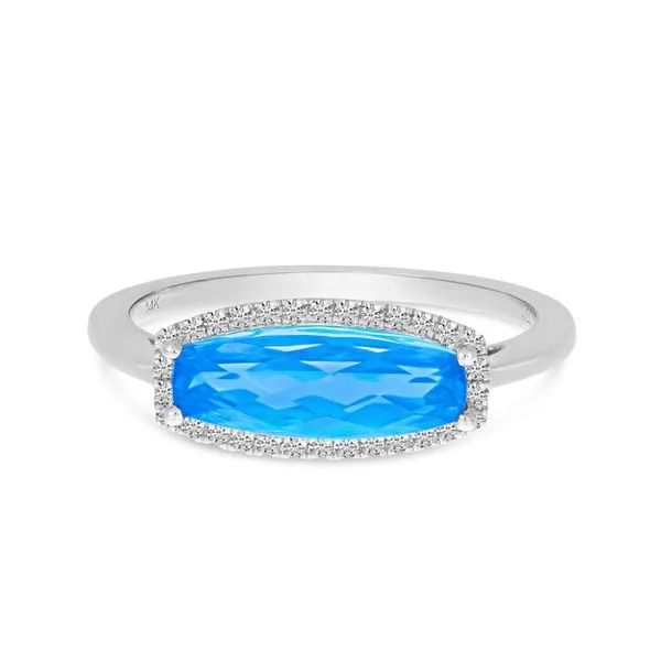 14K White Gold Elongated Baguette Blue Topaz and Diamond Ring Castle Couture Fine Jewelry Manalapan, NJ