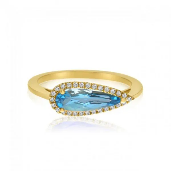 14K Yellow Gold Elongated Pear Blue Topaz and Diamond Semi Precious Ring Ambassador Diamond Jewelers Tucson, AZ