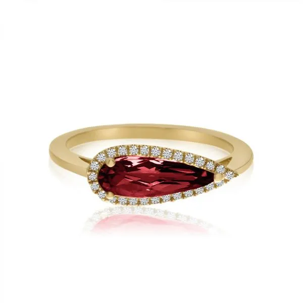 14K Yellow Gold Elongated Pear Rhodolite Garnet and Diamond Semi Precious Ring Ambassador Diamond Jewelers Tucson, AZ