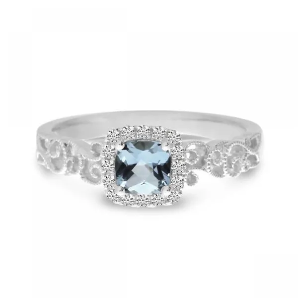 14K White Gold Cushion Aquamarine and Diamond Halo Ring Clater Jewelers Louisville, KY