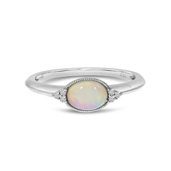14K White Gold Oval Opal East to West and Diamond Millgrain Ring Moseley Diamond Showcase Inc Lexington, SC