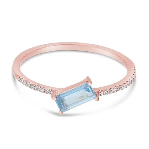 14K Rose Gold East West Octagon Aquamarine and Diamond Sideway Semi Precious Ring Ambassador Diamond Jewelers Tucson, AZ