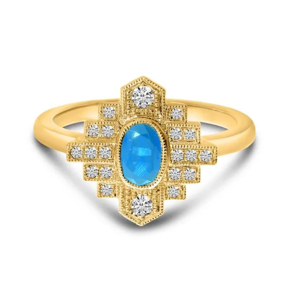 14K Yellow Gold Oval Blue Topaz and Diamond Art Deco Ring J. Meredith Jewelers Delafield, WI