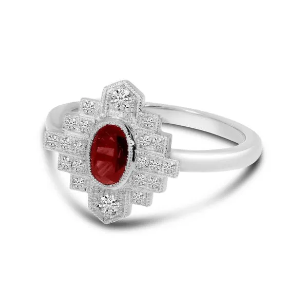 14K White Gold Oval Garnet and Diamond Art Deco Ring Image 2 Ambassador Diamond Jewelers Tucson, AZ