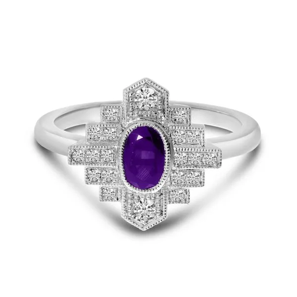 14K White Gold Oval Amethyst and Diamond Art Deco Ring J. Meredith Jewelers Delafield, WI