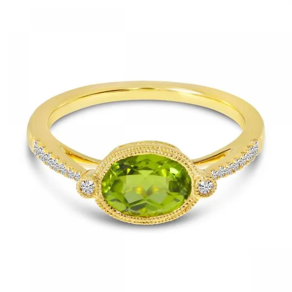 14K Yellow Gold Oval East West Peridot and Diamond Millgrain Semi Precious Ring Ambassador Diamond Jewelers Tucson, AZ