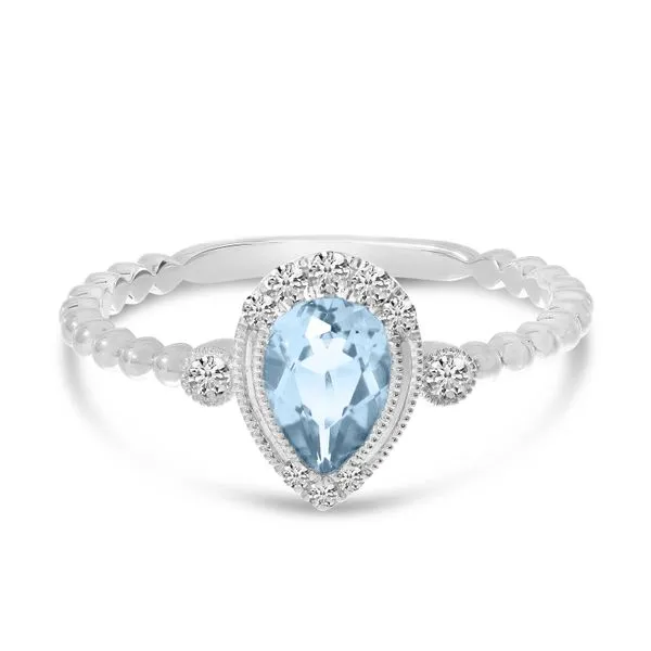 14K White Gold Pear Aquamarine and Diamond Ball Band Ring Clater Jewelers Louisville, KY