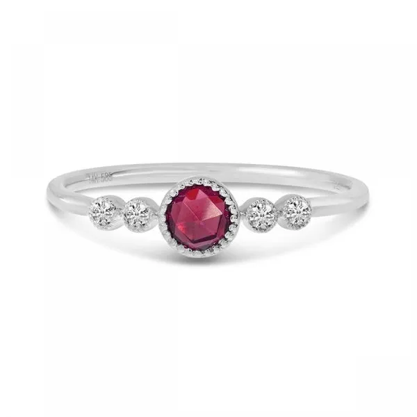 14K White Gold Round Ruby and Diamond Stackable Precious Birthstone Ring J. Meredith Jewelers Delafield, WI