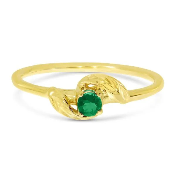 14K Yellow Gold 3mm Round Emerald Birthstone Leaf Ring Ambassador Diamond Jewelers Tucson, AZ