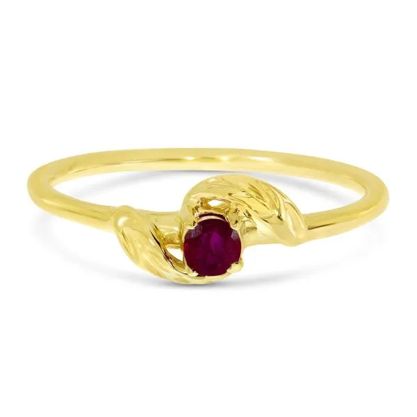 14K Yellow Gold 3mm Round Ruby Birthstone Leaf Ring Ambassador Diamond Jewelers Tucson, AZ