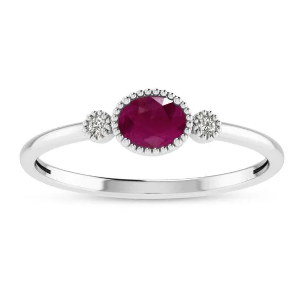 10K White Gold Oval Ruby Millgrain Birthstone Ring Ambassador Diamond Jewelers Tucson, AZ