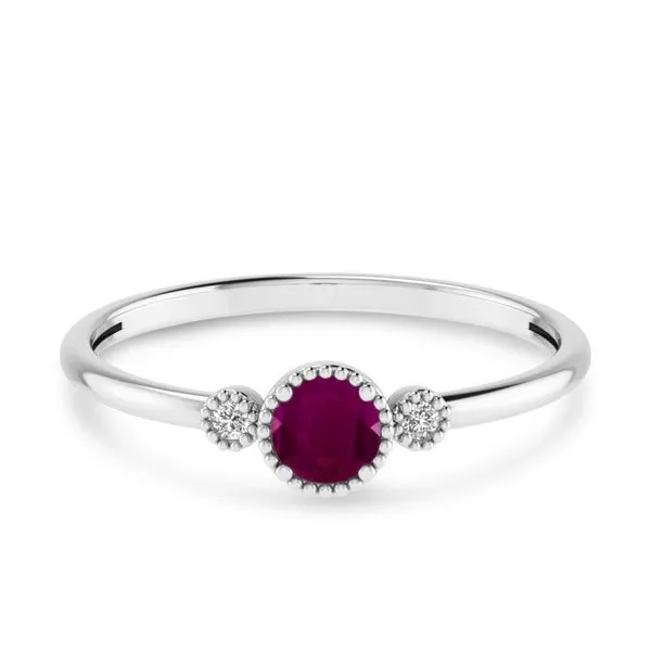 10K White Gold 4mm Round Ruby and Diamond Millgrain Birthstone Ring Ambassador Diamond Jewelers Tucson, AZ