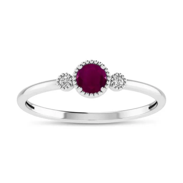 14K White Gold 4mm Round Ruby and Diamond Millgrain Birthstone Ring Clater Jewelers Louisville, KY
