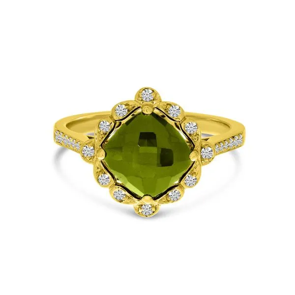 14K Yellow Gold Peridot Cushion & Diamond Band RIng Ambassador Diamond Jewelers Tucson, AZ