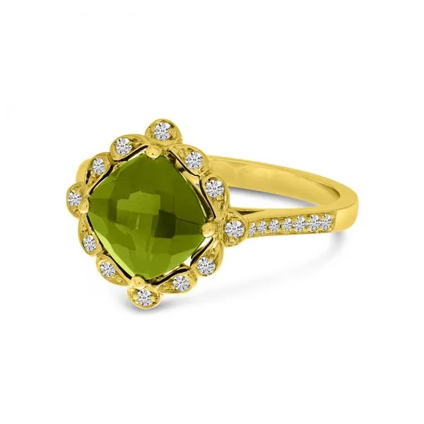 14K Yellow Gold Peridot Cushion & Diamond Band RIng Image 2 Ambassador Diamond Jewelers Tucson, AZ