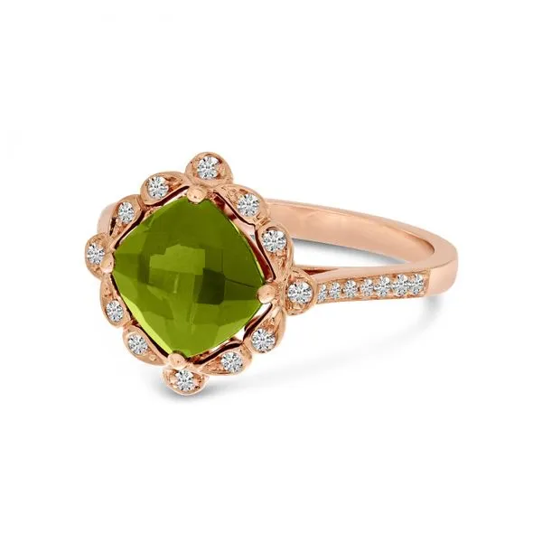 14K Rose Gold Cushion Peridot and Diamond Ring Image 2 Clater Jewelers Louisville, KY