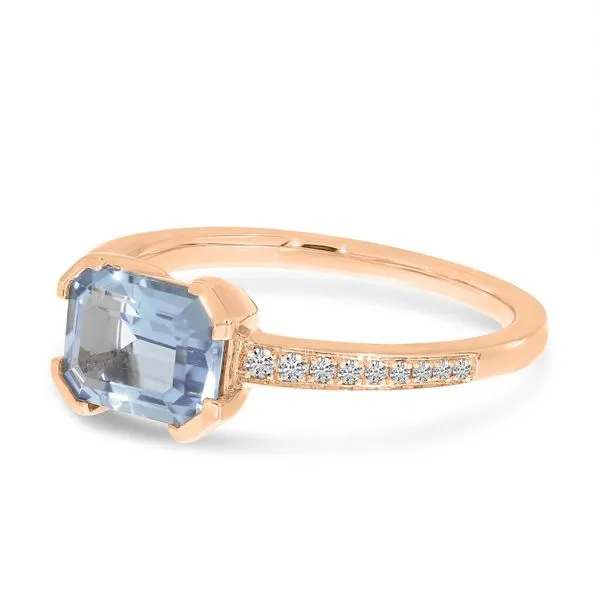 14K Rose Gold Aquamarine Semi Precious Emerald-Cut Pave Ring Image 2 Ambassador Diamond Jewelers Tucson, AZ