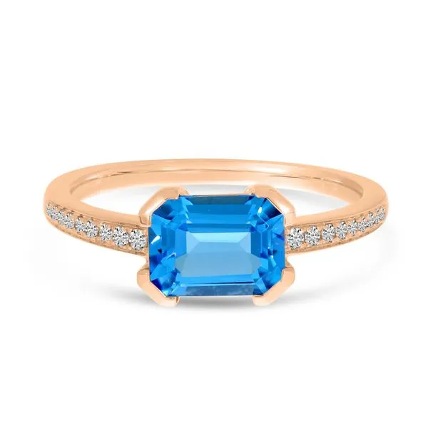 14K Rose Gold Blue Topaz Semi Precious Emerald-Cut Pave Ring Ambassador Diamond Jewelers Tucson, AZ