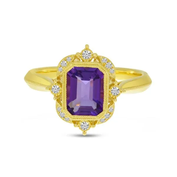14K Yellow Gold Emerald Cut Amethyst Semi Precious Millgrain Halo Ring Ambassador Diamond Jewelers Tucson, AZ