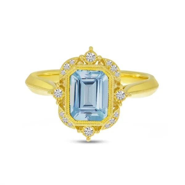 14K Yellow Gold Emerald Cut Aquamarine Semi Precious Millgrain Halo Ring Ambassador Diamond Jewelers Tucson, AZ