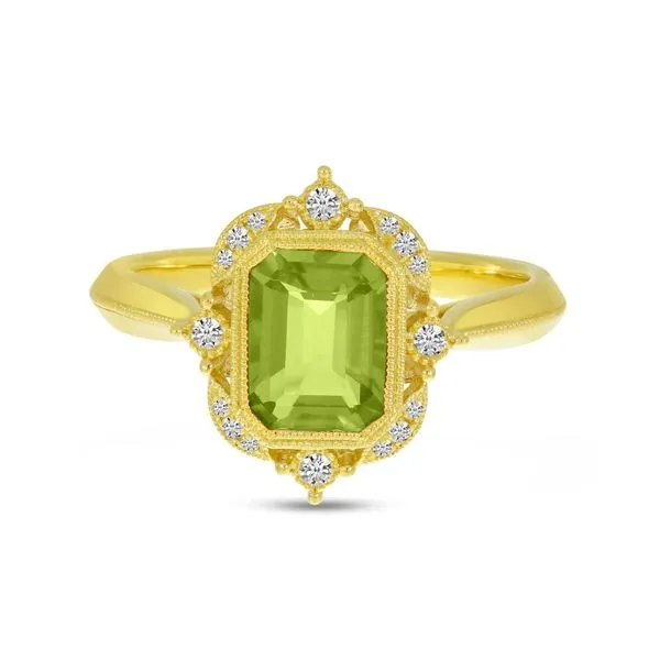 14K Yellow Gold Emerald Cut Peridot Semi Precious Millgrain Halo Ring J. Meredith Jewelers Delafield, WI