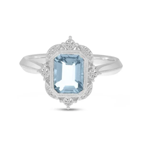14K White Gold Emerald Cut Aquamarine Semi Precious Millgrain Halo Ring Rox Atlanta Jewelers Decatur, GA
