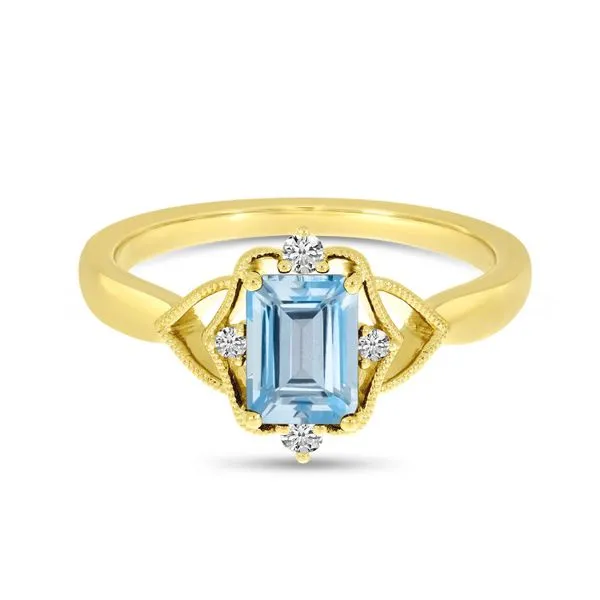 14K White Gold Aquamarine Semi Precious Emerald-Cut Millgrain Halo Ring Clater Jewelers Louisville, KY