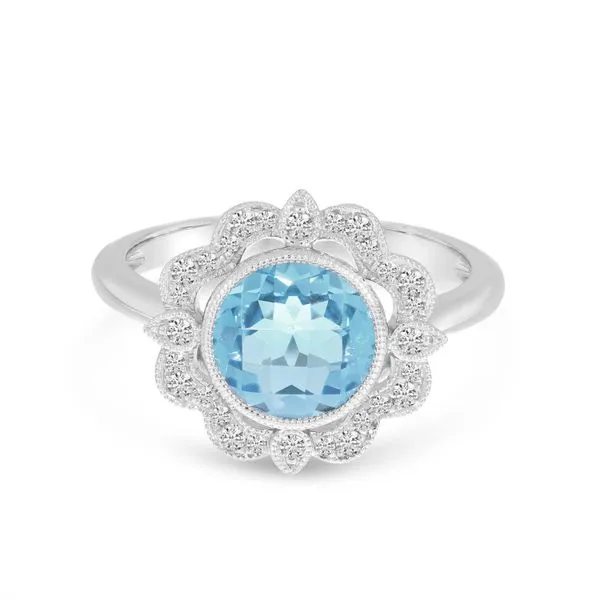 14K White Gold Round Aquamarine Millgrain Diamond Ring Ambassador Diamond Jewelers Tucson, AZ