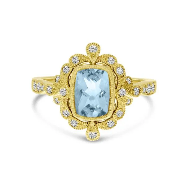 14K Yellow Gold Aquamarine Cushion with Diamond Milgrain Ring J. Meredith Jewelers Delafield, WI